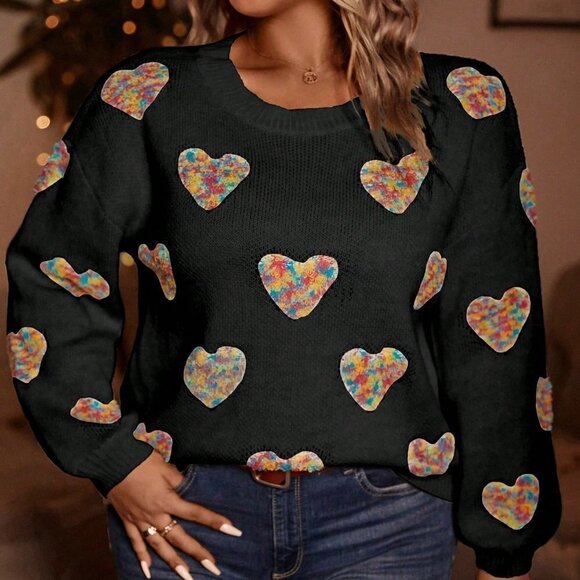 Black Casual Womens Heart Pattern Drop Shoulder Sweater - Picture 5 of 5